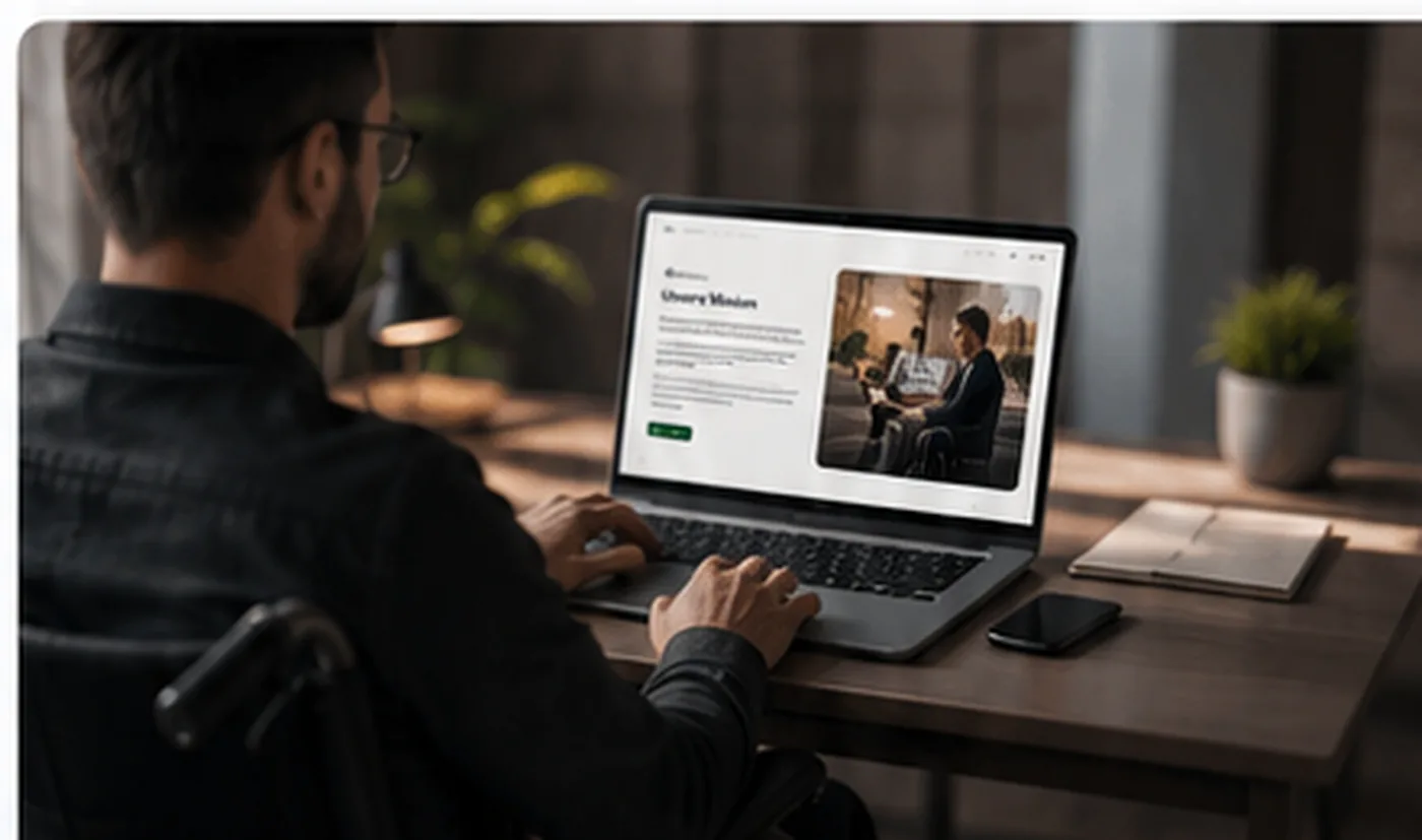 Eine Person im Rollstuhl arbeitet an einem Laptop an einer barrierefreien Website
