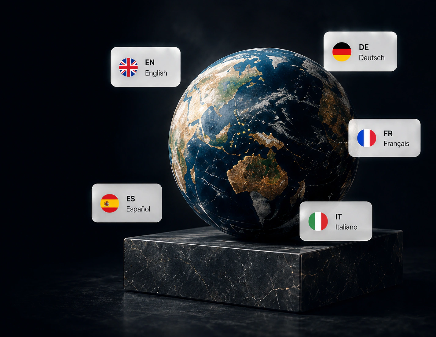 Ein Globus auf einem Steinsockel, umgeben von Sprachkacheln für Deutsch, Englisch, Französisch, Spanisch und Italienisch