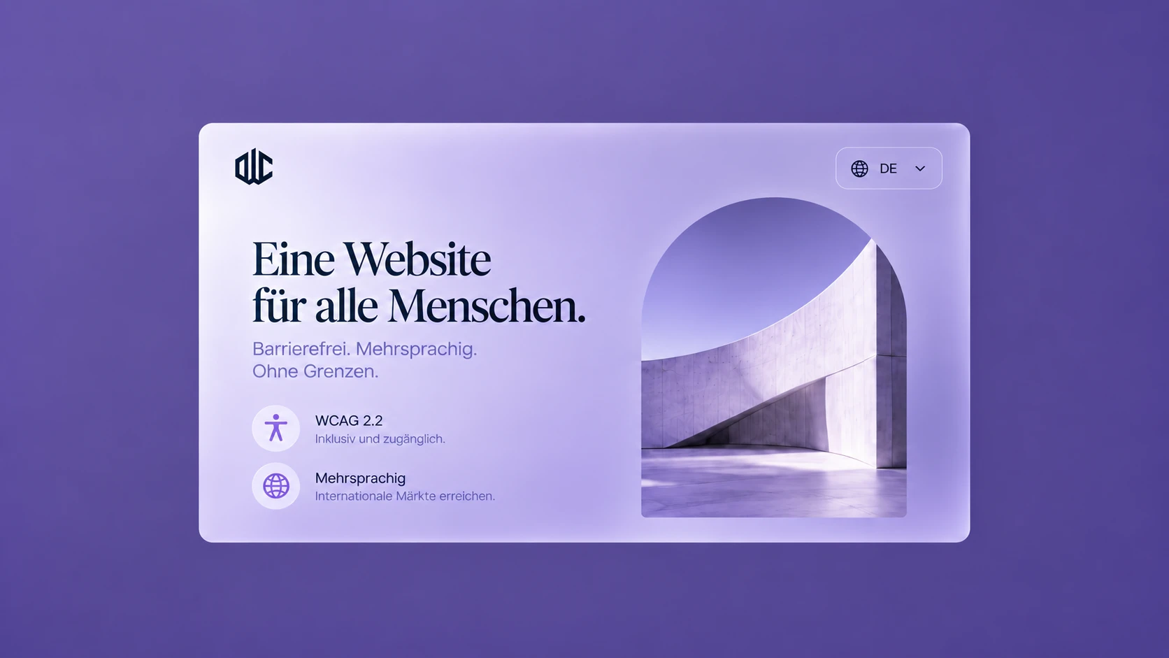 Startseiten-Ausschnitt „Eine Website für alle Menschen“ mit Sprachauswahl und den Kennzeichnungen WCAG 2.2 sowie Mehrsprachig vor einem Rundbogen aus Sichtbeton