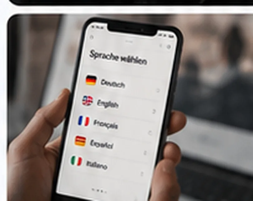 Eine Hand hält ein Smartphone mit einer Sprachauswahl für Deutsch, Englisch, Französisch, Spanisch und Italienisch