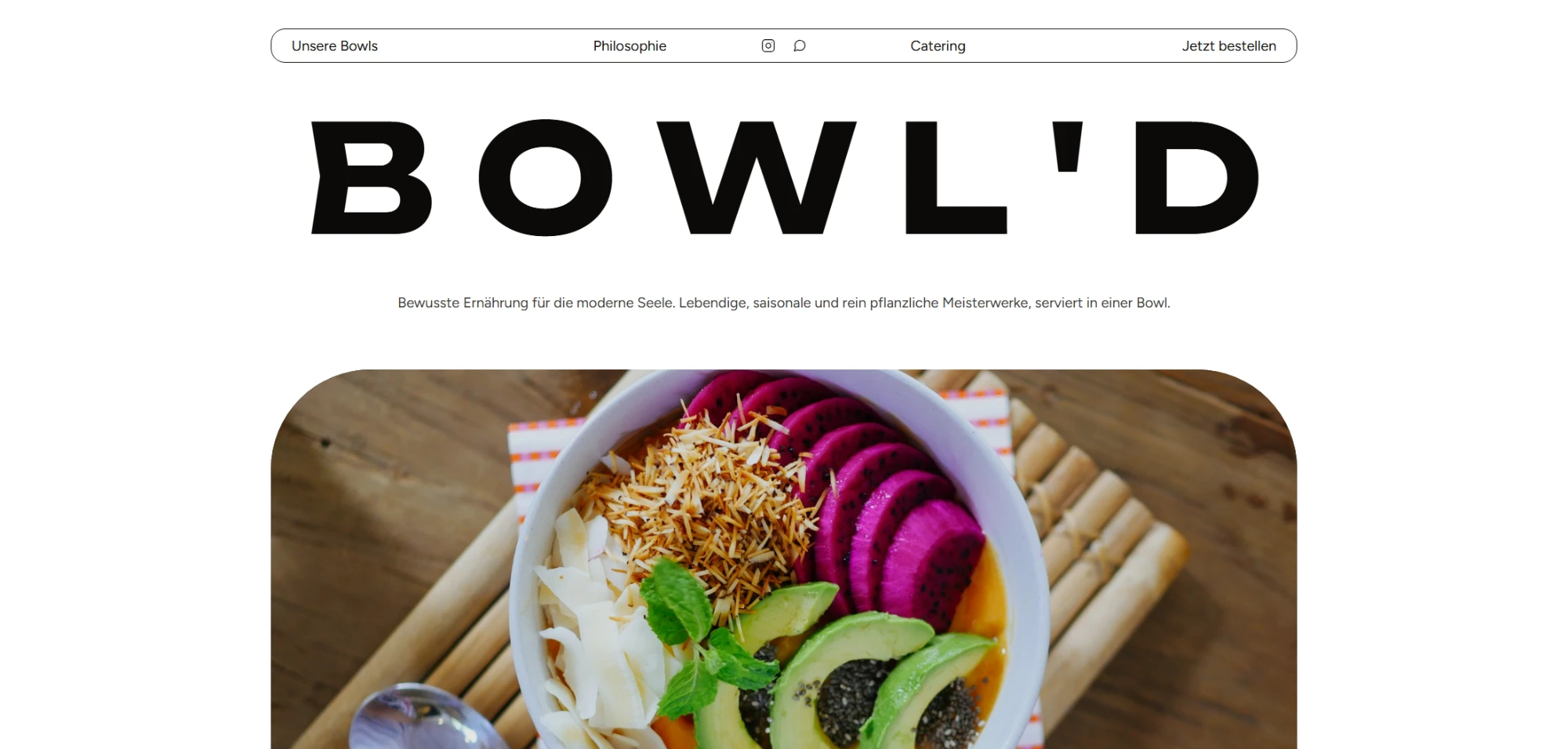 Concept website BOWL'D — homepage with a large headline and bowl photo
