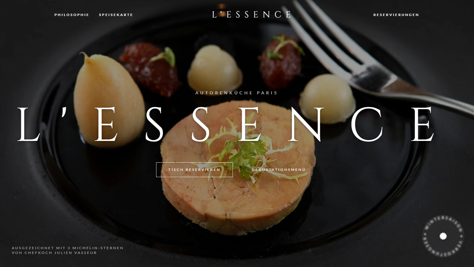 Concept website L'ESSENCE — dark homepage of a Michelin-starred restaurant