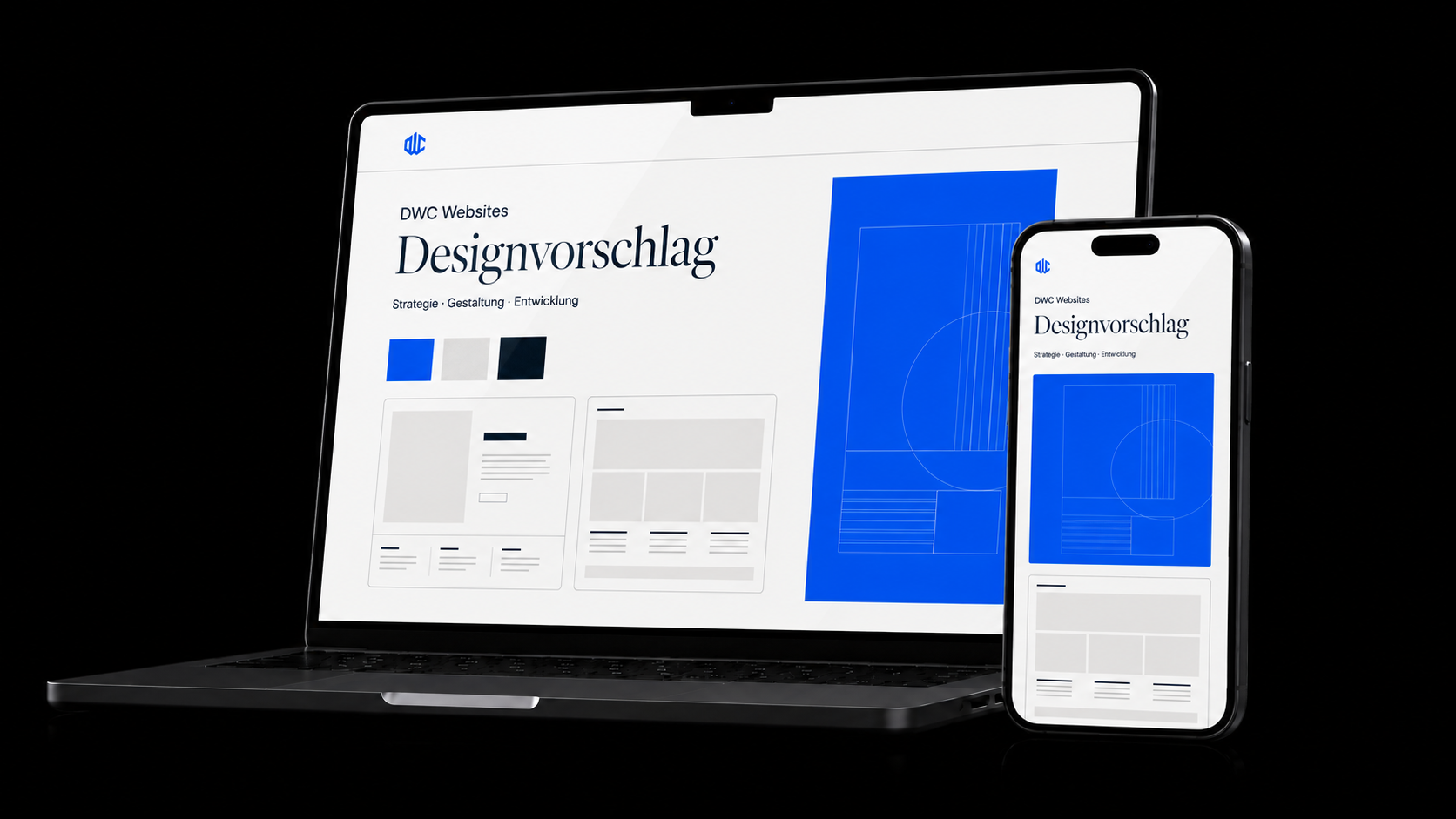 DWC Designvorschlag im Laptop- und Smartphone-Mockup