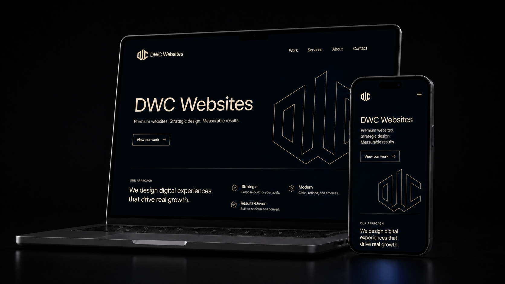 DWC Websites shown in a dark desktop and smartphone mockup