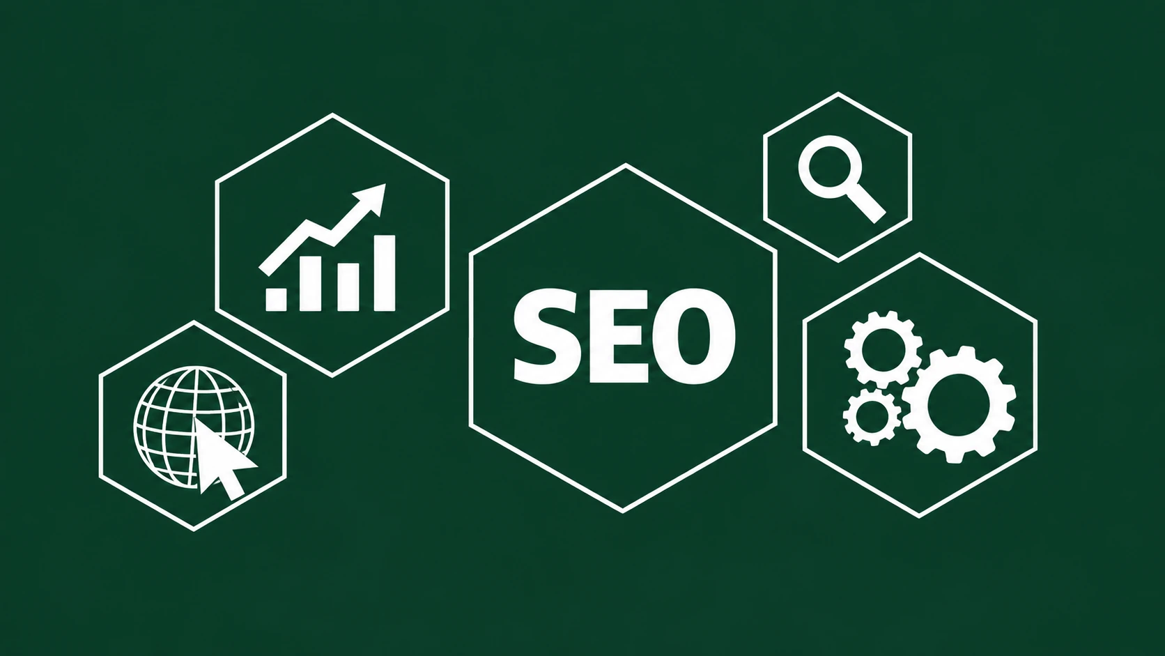 SEO: chart, magnifying glass, globe with cursor and cogwheels in hexagonal fields on a green background