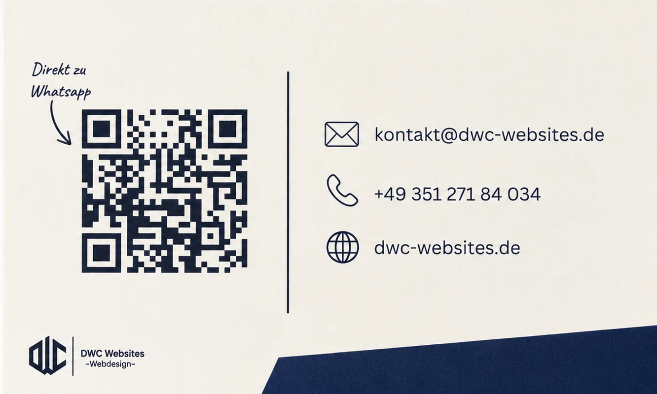 Rückseite der DWC-Visitenkarte mit QR-Code, E-Mail, Telefonnummer und Internetadresse